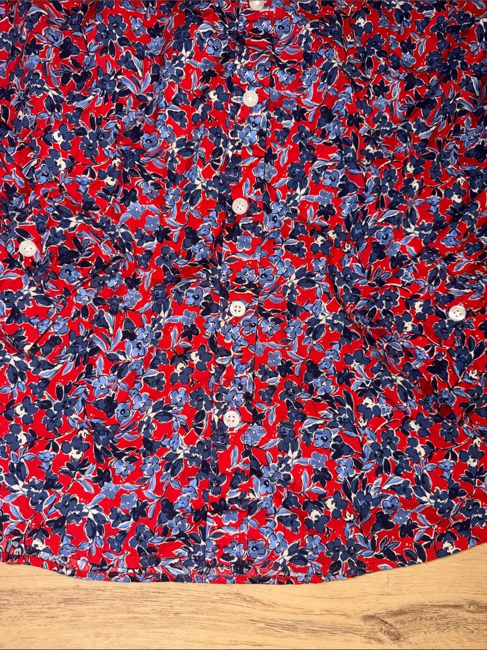 J. Crew Liberty Art floral shirt features a red and blue botanical print medium
